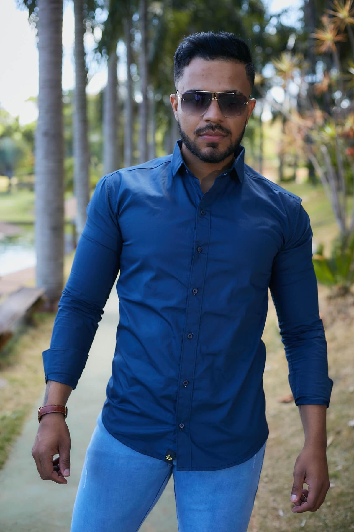 Camisa Slim Fit Azul Marinho Manga Longa