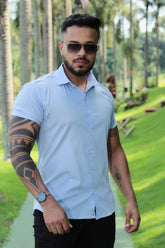 Camisa Slim Fit Azul BB Lisa Algodão Premium Com elastano