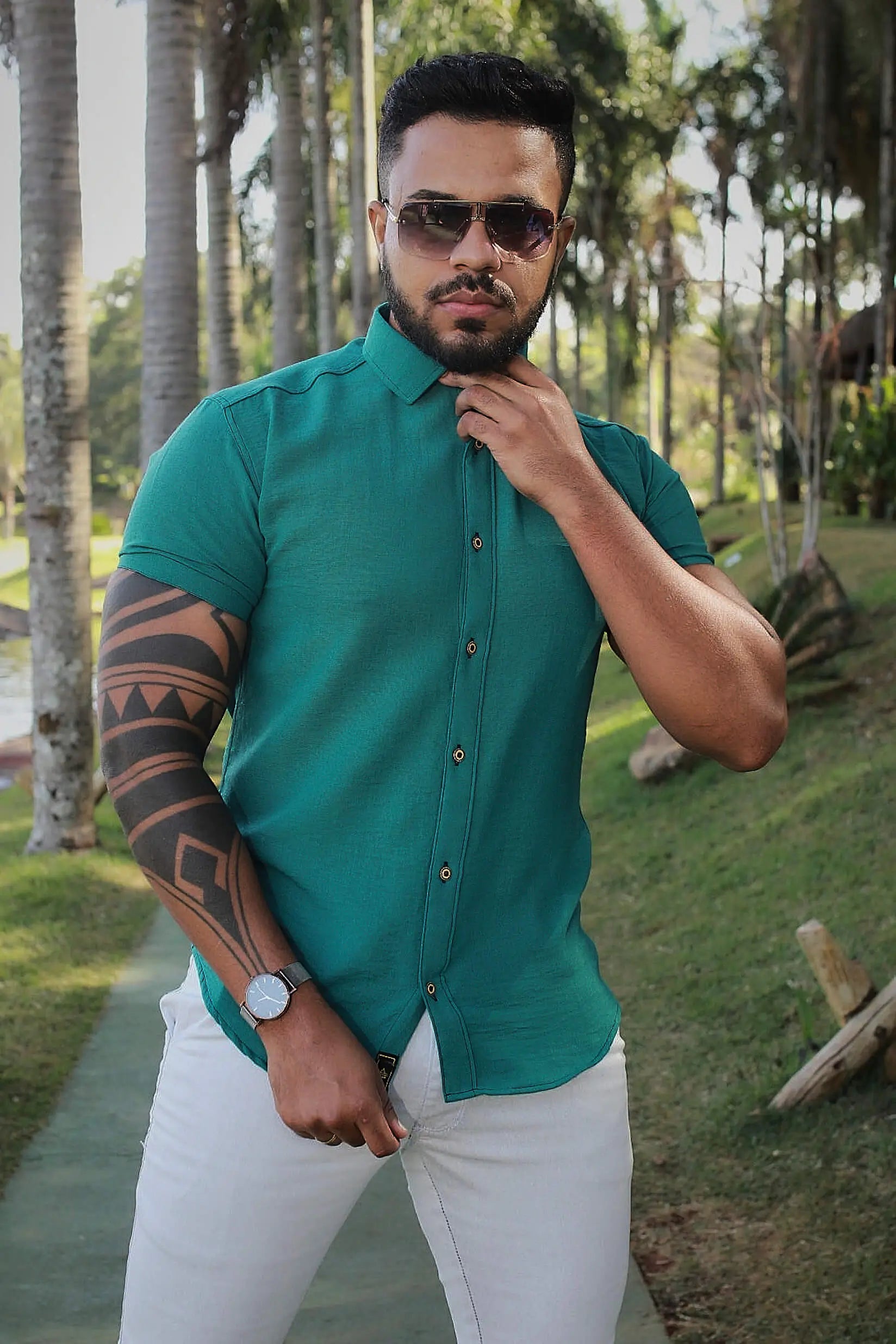 Camisa slim fit Linho Belga Verde Folha