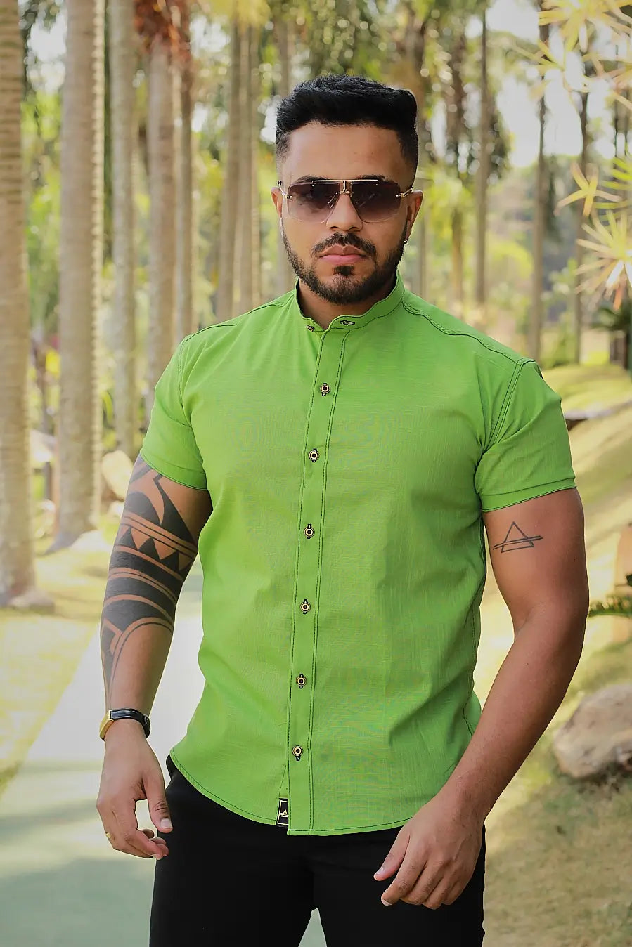 Camisa slim fit Linho Verde Aurora Gola Padre