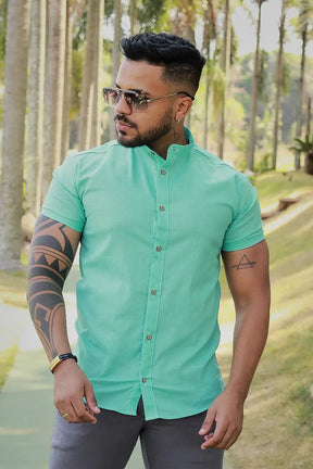 Camisa slim fit Linho Verde Agua Gola Padre