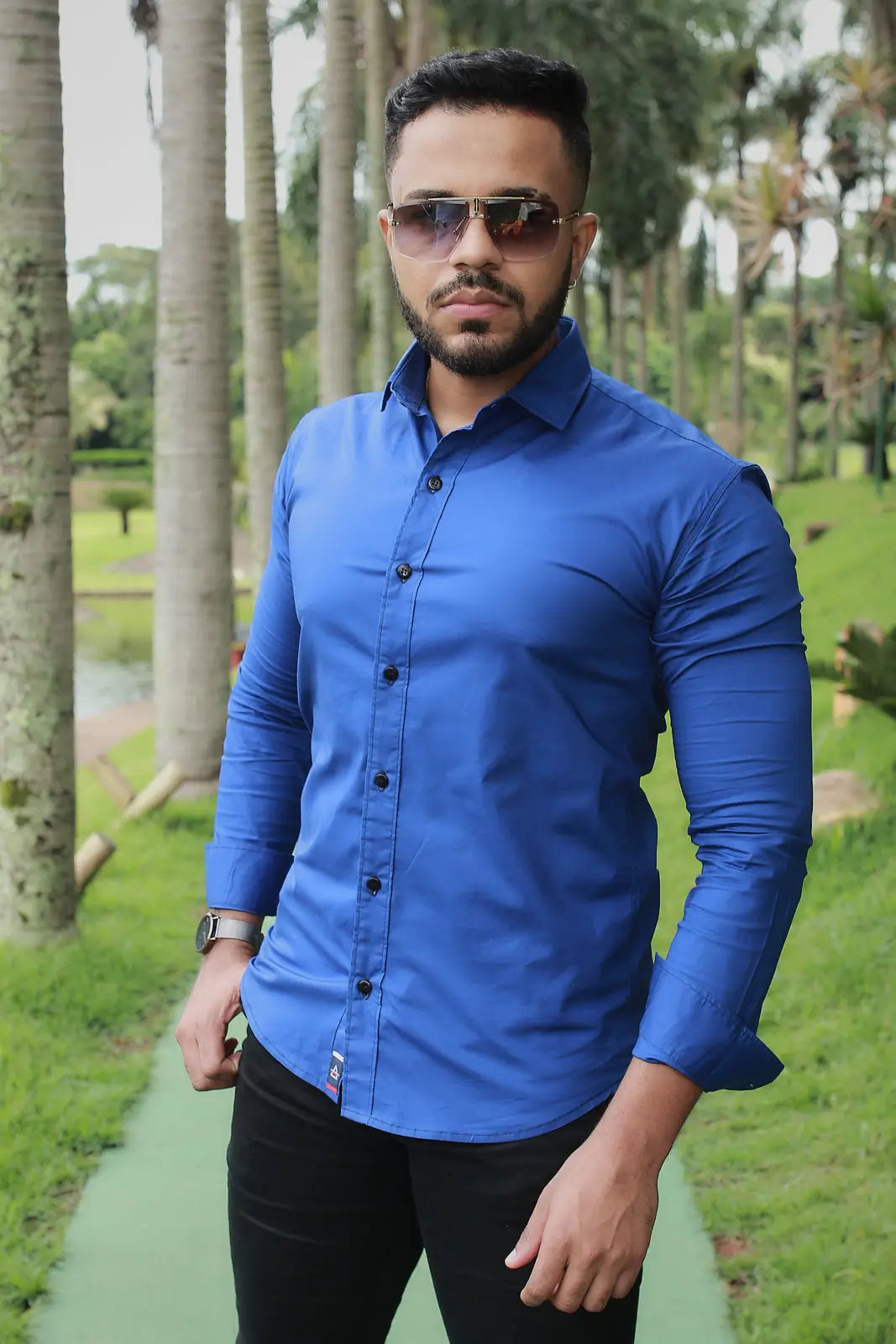 Camisa slim fit Azul caneta manga longa