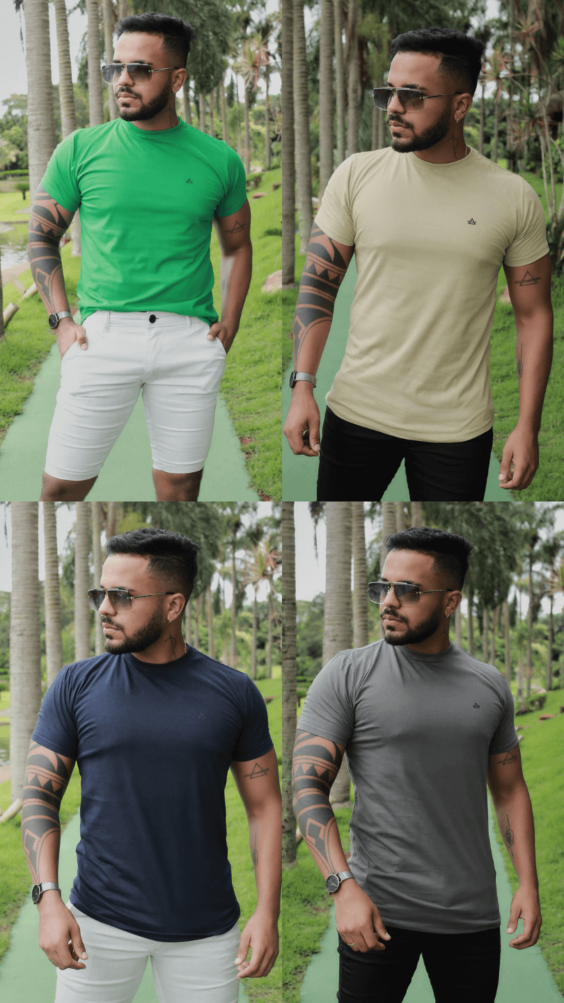 KIT - 4 CAMISETAS PREMIUM  VERDE/BAMBU/AZUL/CINZA