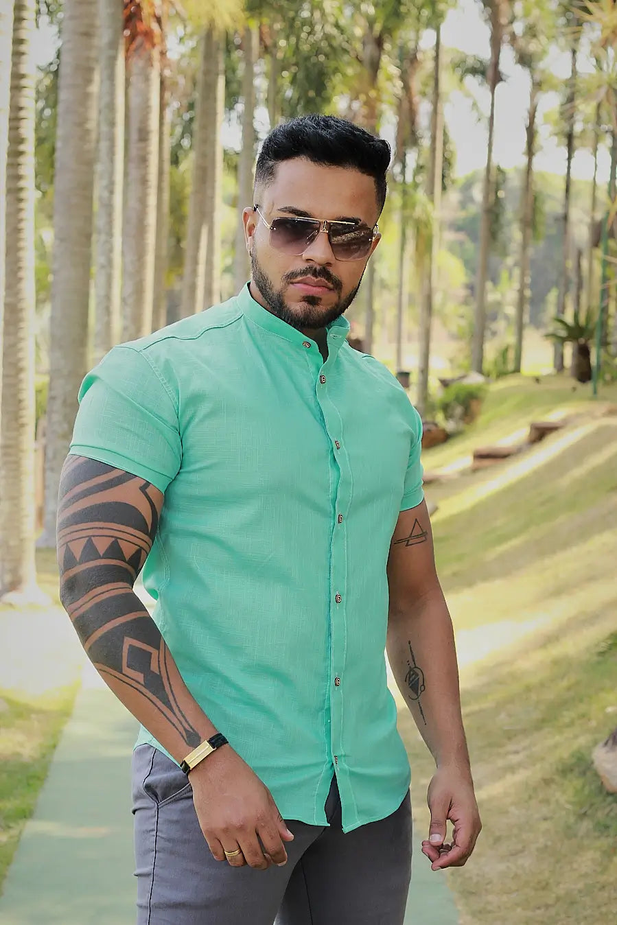 Camisa slim fit Linho Verde Agua Gola Padre