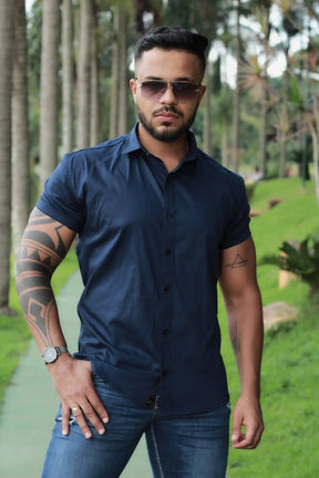 Camisa Slim Fit Azul Marinho  Algodão Premium Com elastano