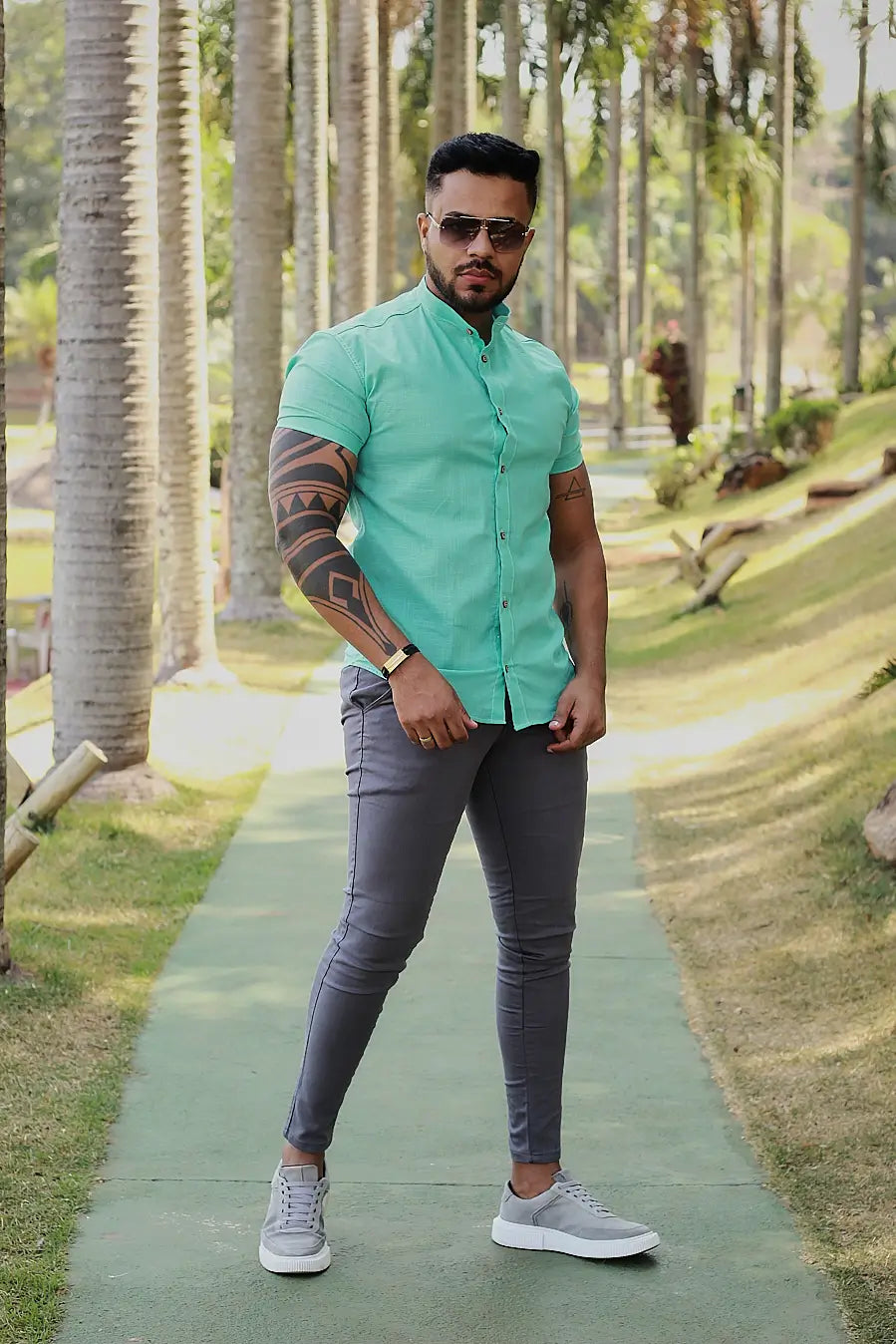 Camisa slim fit Linho Verde Agua Gola Padre